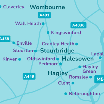 Map of Halesowen, Stourbridge, Hagley & Wombourne local area